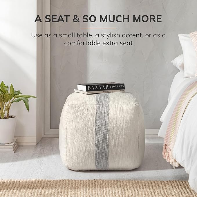 Anji Mountain Pouf Ottoman Foot Rest, Handmade Ottoman Pouf, Comfortable Foot Stool, Decorative Floor Seating for Living Room Decor, Bedroom & Home Décor Accent - Ash Stripe