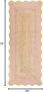 Wave Scalloped Natural Jute Rug - Boho Entryway Runner, Farmhouse Scallop, Light Pink (2'x6')