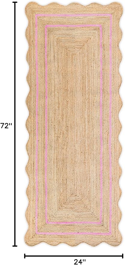 Wave Scalloped Natural Jute Rug - Boho Entryway Runner, Farmhouse Scallop, Light Pink (2'x6')