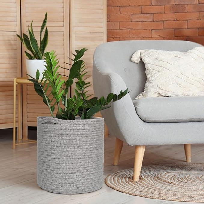 Cotton Rope Plant Basket, Woven Baskets Planter for 11 inch Pot, Round Indoor Tree Pot Cover, Storage Bin Organizer, Modern Basket for Plants and Home Decor, 12.5”X12.5”, Gray