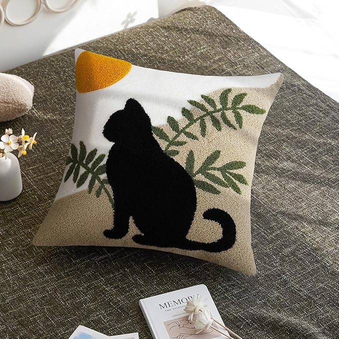JASEN Cat Boho Throw Pillow Covers 18x18 Cute Absract Tufted Pillow Covers Cushion Case for Bed Couch Sofa Home Decor（Only 1 Pillow Cover）