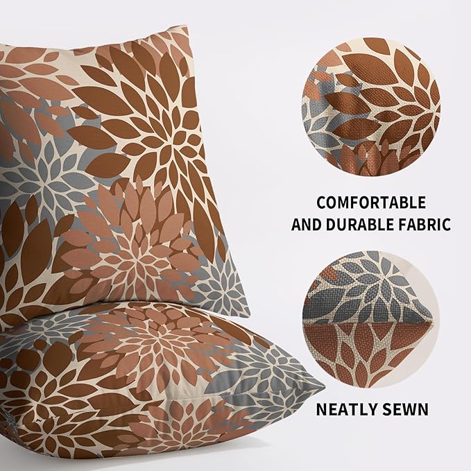 Brown Grey Gray Pillow Covers 16X16 Inch Set of 2, Spring Modern Geometry Dahlia Floral Print Decorative Throw Pillow Covers Outdoor Farmhouse Cushion Case for Couch Sofa Bed Decor