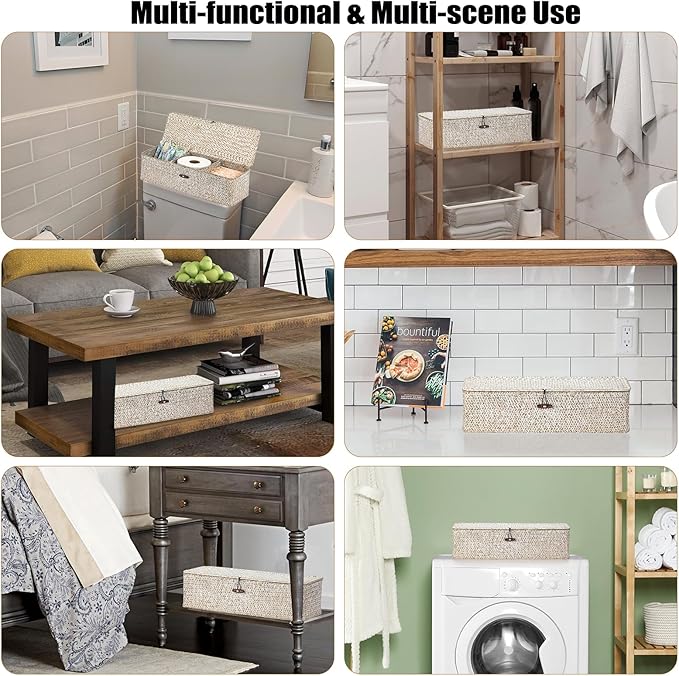 Sumnacon Extended Seagrass Storage Basket with Lid 3-Section Wicker Storage Basket,Small Woven Shelf Basket for Toiletries Tampon Storage,Seagrass Basket for Shelf Bathroom Toilet Counter,Whitewash