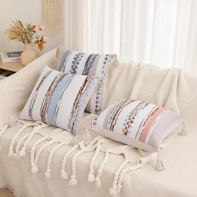 decorUhome Boho Decorative Throw Pillow Covers 18x18 Set of 2, Striped Chenille Tufted Pillow Covers with Tassels for Couch Bed Sofa, Cream White and Orange