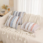 decorUhome Boho Decorative Throw Pillow Covers 18x18 Set of 2, Striped Chenille Tufted Pillow Covers with Tassels for Couch Bed Sofa, Cream White and Dark Grey