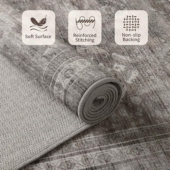3x5 Rug for Entryway Bedroom, Grey 3x5 Washable Area Rug, Vintage Retro Boho Throw Rug, Non Slip & Low Pile Small Carpet for Indoor Kitchen, Bedside, Living Room, Bathroom and Dining