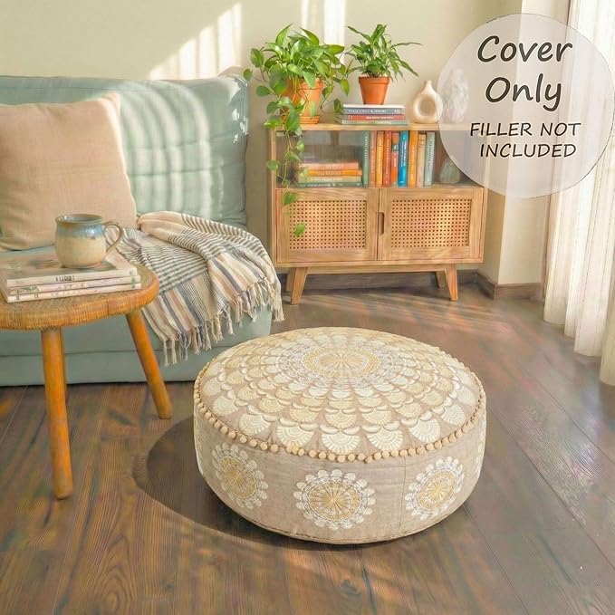 Mandala Life ART Bohemian Pouf Ottoman Cover 24x8- Luxury, Artisan Room Décor Pouffe for Meditation, Yoga, and Boho Chic Seating Area Stool Floor Pillow Case – Accent Your Living Room, Bedroom
