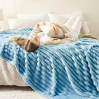 NEWCOSPLAY Super Soft Twin Blanket Blue Premium Silky Flannel Fleece 3D Ribbed Jacquard Lightweight Bed Blanket All Season Use (Blue Ribbed, Twin(60"x80"))