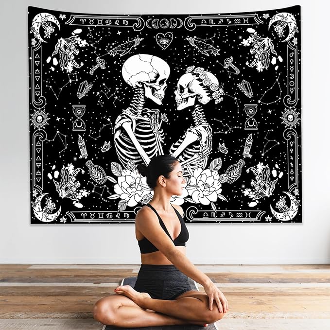 KJHL Black and White Gothic Witchy Skull Tapestry 44ʺ x 60ʺ Floral Constellation Skeleton Aesthetic Tapestries Wall Hanging for Bedroom Dorm