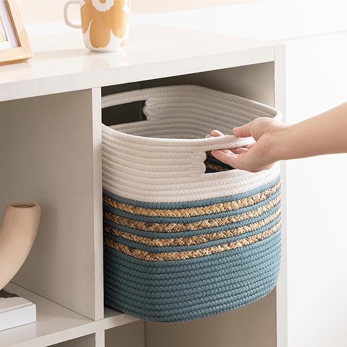 UBBCARE Set of 4 Storage Cubes 11 X 10.5 X 10.5 in, Water Hyacinth Storage Bins for Shelves, Toys, Book, Storage Baskets with Handles, Cotton Rope Woven Baskets for Organizing, Light Blue