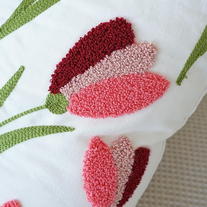 vctops Tulip Floral Embroidered Pillow Covers 18x18 Inch Spring Summer Cotton Tufted Throw Pillow Cover Outdoor Garden Cushion Case for Sofa, Bed, Living Room (Flower E,18"x18")
