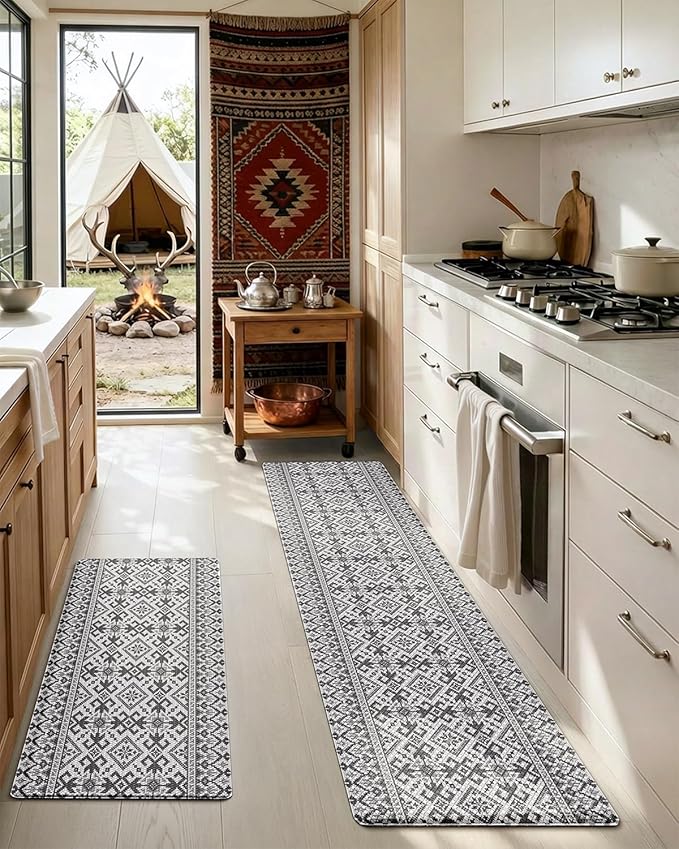 LUMI Anti-Fatigue Kitchen Floor Mats Set of 2,Cushioned Comfort Standing Rug Waterproof 2PCS, Non-Slip Ergonomic Foam Runner for Sink, Laundry, Office & Home,17x29+17x59,