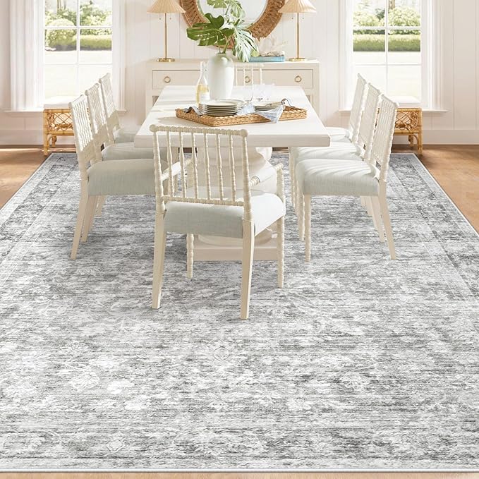 9x12 Area Rugs for Living Room: Washable Large Vintage Floral Rug Low Pile Non-Slip Boho Carpet for Bedroom Dining Home Office (Grey, 9'x12')