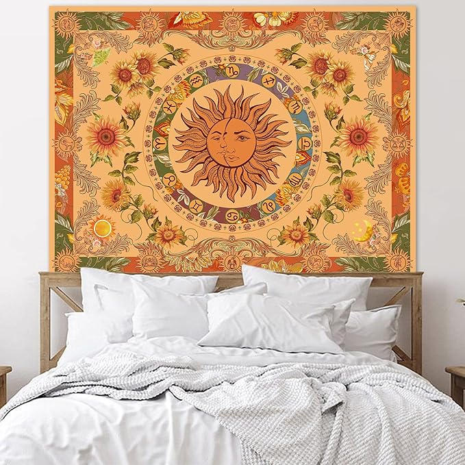 Accnicc Yellow Sun and Moon Tapestry Vintage Indie Boho Tapestry Wall Hanging with Sunflowers Butterfly Moth Constellation Aesthetic Wall Tapestries for Bedroom Dorm Living Room (Orange, 60'' × 50'')