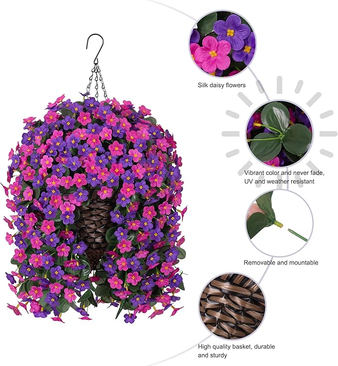 Artificial Fake Hanging Flowers with Basket for Outdoor Decoration,UV Resistant Faux Silk Daisy Flowers Dark Purple and Fuchsia Orchid Vines in Planter Realistic Hanging Baskets for Home Porch Garden