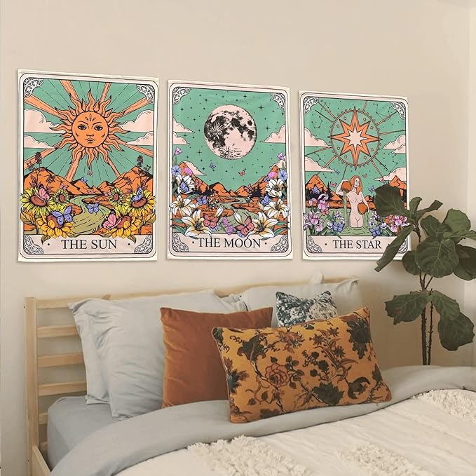 Aipon Tarot Tapestry Cute Tarot Card Tapestries 3 Pack Sun Moon Star Green Floral Flower Small Aesthetic Tapestry Wall Hanging for Bedroom Living Room Dorm (15'' × 20'')