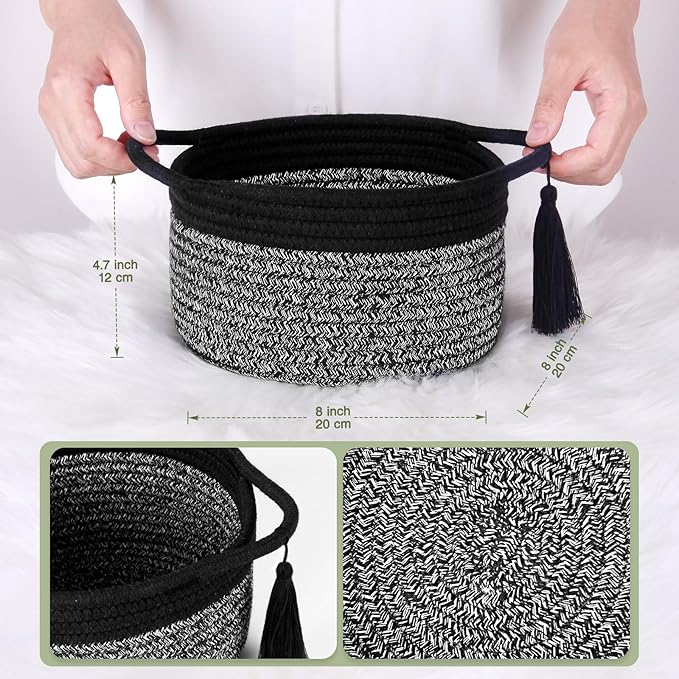 Small Round Gift Baskets with Handles Set 2, SweetMemo Little Empty Gifts Basketsl, Cute Woven Cotton Rope Storage Bins for Men, Desk, Plant, Bathroom, Decorative, Pre-Shaped, Two Pack - Black Gray