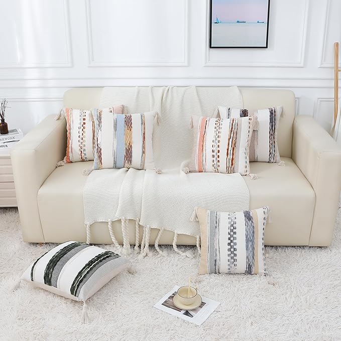 decorUhome Boho Decorative Throw Pillow Covers 18x18 Set of 2, Striped Chenille Tufted Pillow Covers with Tassels for Couch Bed Sofa, Cream White and Dark Grey