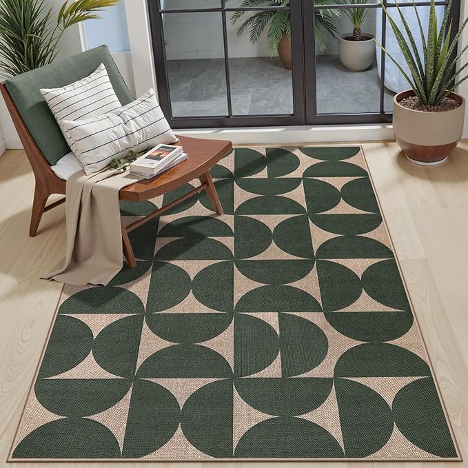 Lahome Modern Geometric Easy Jute 3x5 Entryway Washable Rug, Green Outdoor Carpet for Porch Patio, Neutral Semi-Circle Indoor Mat for Living Room Office Classroom