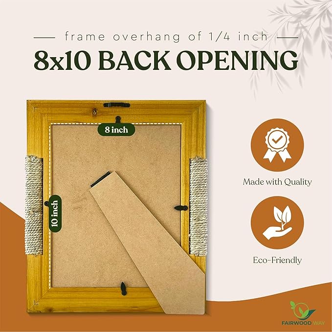 Boho Picture Frame for 8x10 Inch Photo or Artwork | 11x13 Outer Edge | Boho, Coastal, or Modern Photo Frame, Wooden Decorative Frame with Tabletop Stand and Wall Mount | Golden Brown