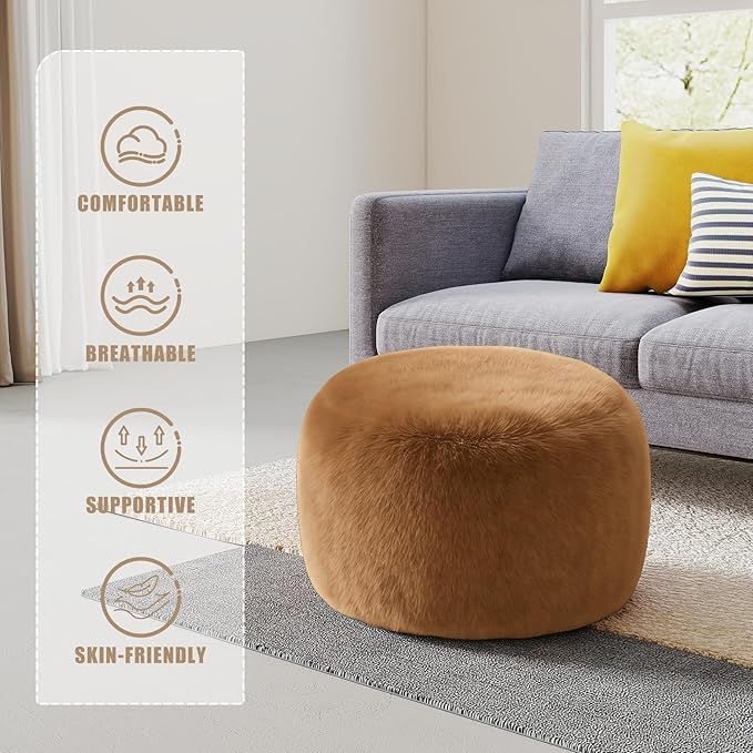 Round Stuffed Pouf Ottoman for Foot Rest, A Round Modern Foam Filled Poufs, Floor Chair for Living Room, Nursery, Dorm, A Soft Modern Foot Stool Perfect to Rest Your Feet (Orange, 20Inch)