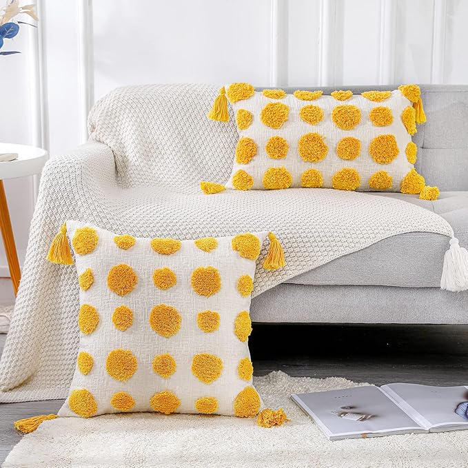 PANOD Super Soft Farmhouse Decorative Plush Throw Pillow Covers 18 x 18 Yellow,Solid Pom pom Tufted with Tassels Modern Accent Boho Square Cushion Cover Pillow Case for Couch Sofa