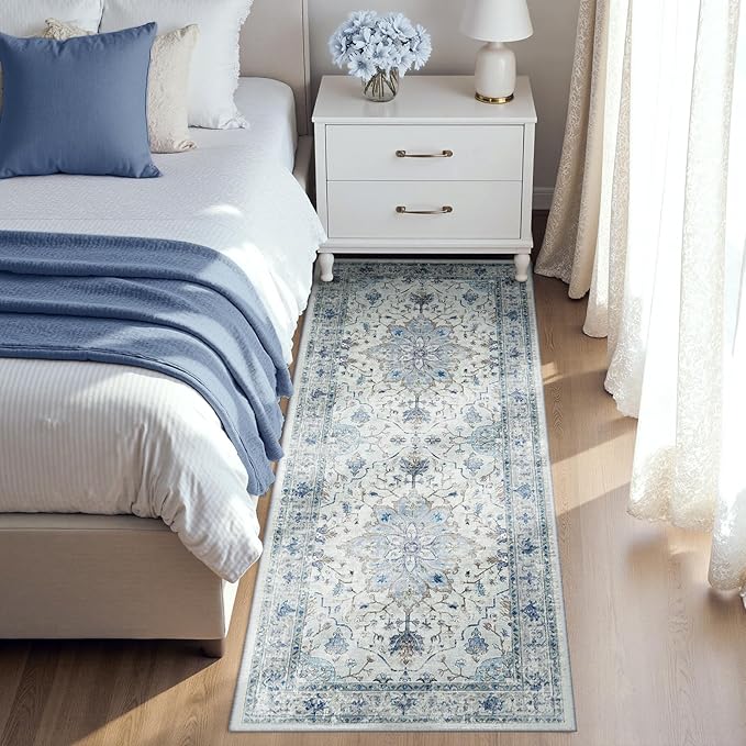 Area Rugs 3'x8' Runner Rug Non Slip Washable for Kitchen Hallway Bedroom Beside Laundry Room Bathroom Rug, Floor Carpet, Light Blue Navy Beige Gray White