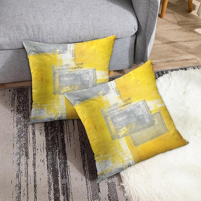 Britimes Throw Pillow Covers Modern Home Art Decor, 20 x 20 Inches Set of 2 Pillow Cases Decorative, Abstract Oil Painting Pillowcases for Bedroom, Living Room, Cushion Couch Sofa, Yellow Grey