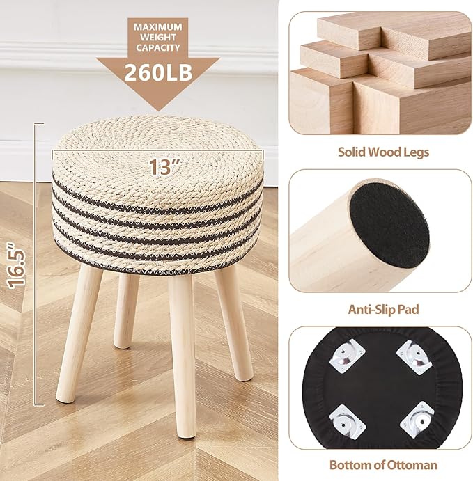 Cpintltr Round Ottoman Footstool Natural Seagrass Foot Stool Pouf Ottomans with Solid Wood Legs Hand Weave Hyacinth Footrest Step Stool for Living Room Balcony Garden Natural & Black