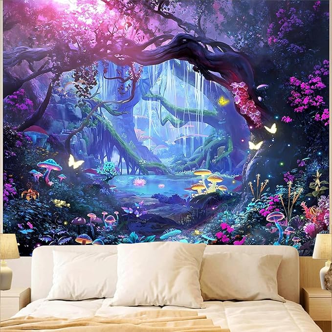 Apdidl Forest Nature Room Decor Tapestry Wall Hanging, Fantasy Trees Butterfly Mushroom Tapestries for Bedroom, Blue Colorful Floral Magical Plants Jungle Landscape Backdrop for Living Room 60"X79"