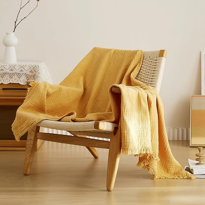 Simple&Opulence Cotton Muslin Throw Blanket 4 Layers for Bed, Couch, Woven Gauze Blanket with Tassels, Soft Lightweight Cozy Pre-Washed Breathable Farmhouse Decoration for All-Season(Yellow)