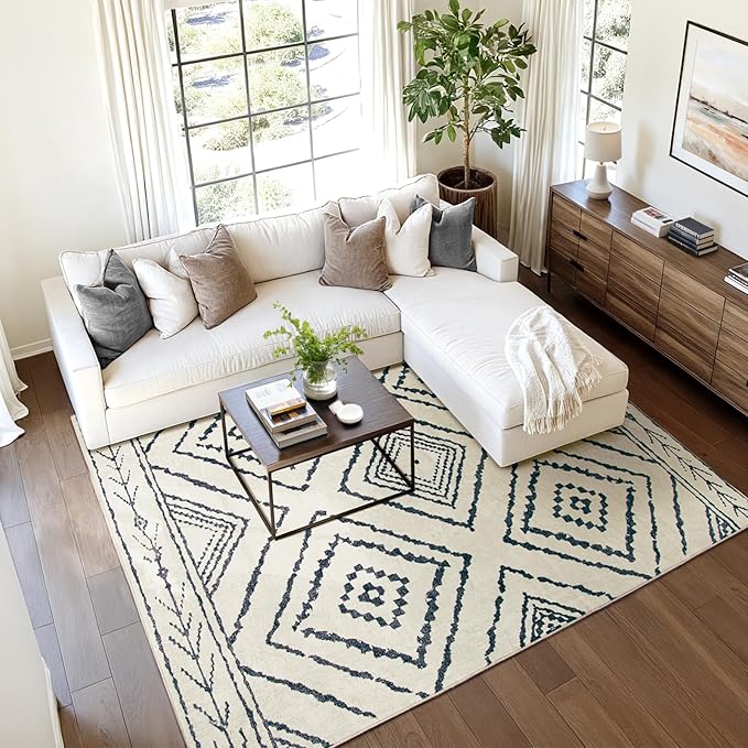 Area Rug 6x9 Rug Machine Washable Non-Slip Low Pile Print Pattern Western Rug for Living Room Bedroom Entryway Tribal Series -Navywhite/Black