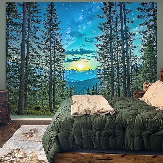 Accnicc Forest Road Tapestry Green Nature Pine Tree Wall Tapestry for Bedroom Aesthetic Starry Mountain Outdoor Landscape Large Tapestries Wall Hanging for Dorm Living Room Decor 80 x 60 Inch