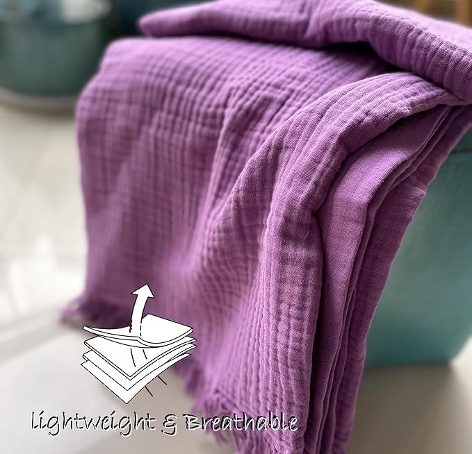 KyraHome 100% Organic Cotton 60"x80" Large Cotton Throw Blanket for Couch, Women, Plant Dyed, Breathable Lightweight Gauze Muslin Blanket for Adult, All Season (Purple Lavender)