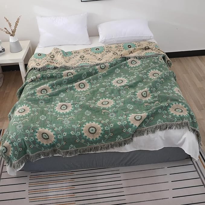 Boho Throw Blanket for Bed 100% Cotton Ultra Soft Rustic Quilt Spring Blanket Floral Printed Farmhouse Decor Bed Blankets,60"x80" All Season Rustic Throw for Sofa Couch Chair