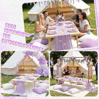 91 x 71 Extra Large Outdoor Boho Picnic Blanket with Purple Table Runner, 6 Throw Pillow Covers 6 Napkins Woven Cotton Yarn Oversize Beach Blanket Washable Picnic Camp Wedding