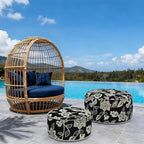 Indoor/Outdoor Inflatable Ottoman with Handle, Decorative Fade-Resistant Round Footstool D21 x H9 inch, Portable Ottoman Pouf for Patio Garden Camping, Elegant Vines Black
