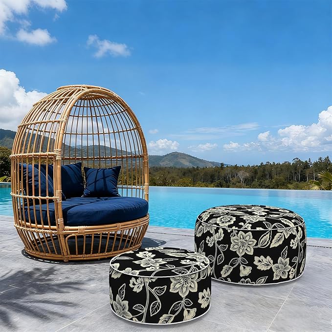 Indoor/Outdoor Inflatable Ottoman with Handle, Decorative Fade-Resistant Round Footstool D21 x H9 inch, Portable Ottoman Pouf for Patio Garden Camping, Elegant Vines Black