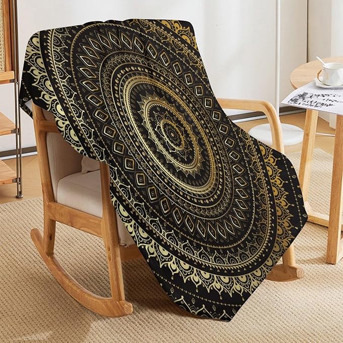 Black Gold Mandala Throw Blanket Boho Indian Hippie Vintage Abstract Bohemian Flower Blanket for Sofa Bed Couch Chair Or Dorm 60"x80"