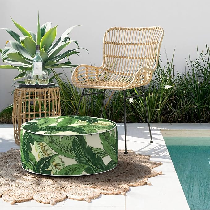 Indoor/Outdoor Inflatable Ottoman D21 x H9 inch, Round Footstool Inflatable Foot Rest Ottoman with Handle, Portable Ottomans Pouf for Patio, Garden, Camping, Home, Swaying Palms Green