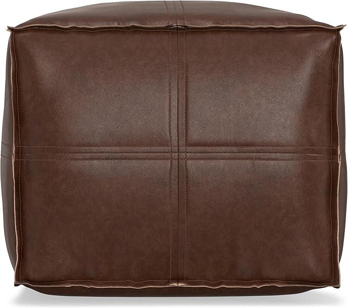 SIMPLIHOME Brody Square Pouf - 18 inch Wide Upholstered Vegan Leather Ottoman in Distressed Dark Brown, Boho Footstool, Coffee Table or Extra Seating for Living Room or Bedroom, Assembled