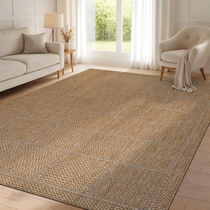 Beverly Rug Easy Jute Checkered Squared Rug 10x14 Washable Large Indoor Outdoor Area Rugs for Living Dining Room Patio Office Stain Resistant Non Shedding Casual Indoor Outside Carpet 10 x 14 Natural