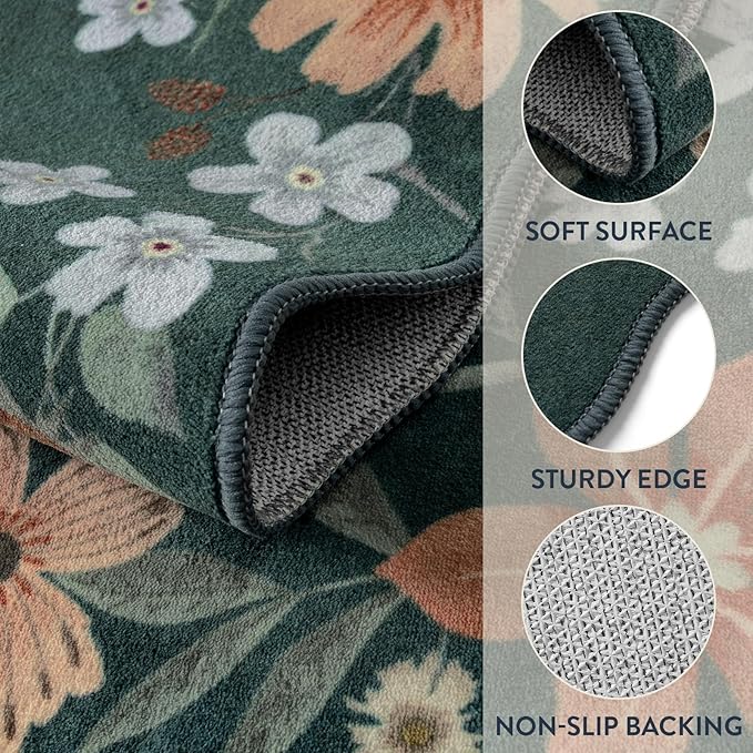 Lahome Floral Hallway Runner Rug Non Slip, 2'6''x10' Washable Runner Rug Soft Ultra-Thin Soft Runners for Hallways, Kitchen Runners Carpet for Entryway Bathroom Flore (Dark Green)