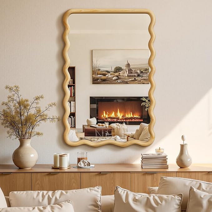 24x36 Wavy Wood Bathroom Vanity Mirror, Boho Wall Mirror with Natural Wood Frame for Over Sink, Entryway, Bedroom