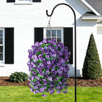 Artificial Flowers with Hanging Basket, Outdoor Faux Plants Silk Morning Glory Vines, Fake Green Arrangement for Garden Patio Spring Summer Decor(Purple)