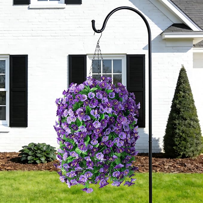 Artificial Flowers with Hanging Basket, Outdoor Faux Plants Silk Morning Glory Vines, Fake Green Arrangement for Garden Patio Spring Summer Decor(Purple)