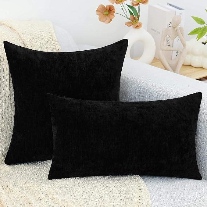 decorUhome Chenille Black Spring Euro Sham Throw Pillow Covers 24x24 Inch Set of 2, Decorative Soft Couch Pillow Covers Solid Dyed Accent Farmhouse Neutral Square Pillow Cases for Sofa
