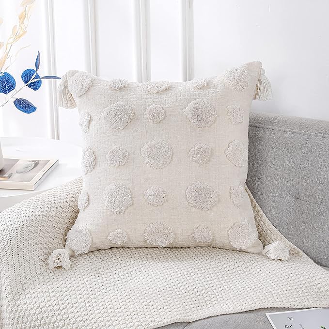 PANOD Super Soft Farmhouse Decorative Plush Throw Pillow Covers 18 x 18 White,Solid Pom pom Tufted with Tassels Modern Accent Boho Square Cushion Cover Pillow Case for Couch Sofa