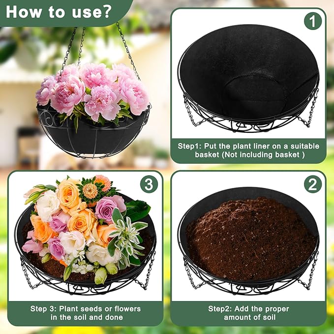 nongcunren Non-Woven Fabric Plant Grow Bags Replacement 16 inch 2 Pack Coco Liner Window Basket,Trough Shaped Wall and Deck Mount Planters,Round Hanging Basket (2Pack, 16IN)