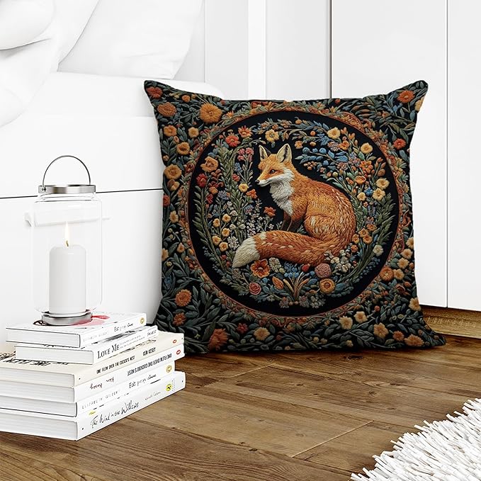 YOU FOUND ME William Morris Abstract Vintage Floral Velvet Fox Design Throw Pillow Covers Home Decor, Retro Art Decor Pillowcase Cushion Cover for Bed Sofa Living Room, Square 18x18inch (Fox)